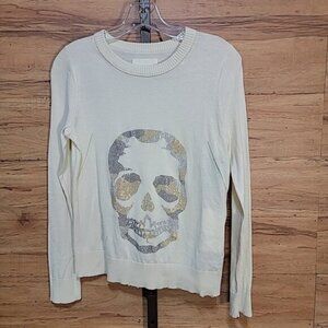 Zadig & Voltaire Size XS Cream Cotton Crewneck Sweater w/ Metallic Skull NWT